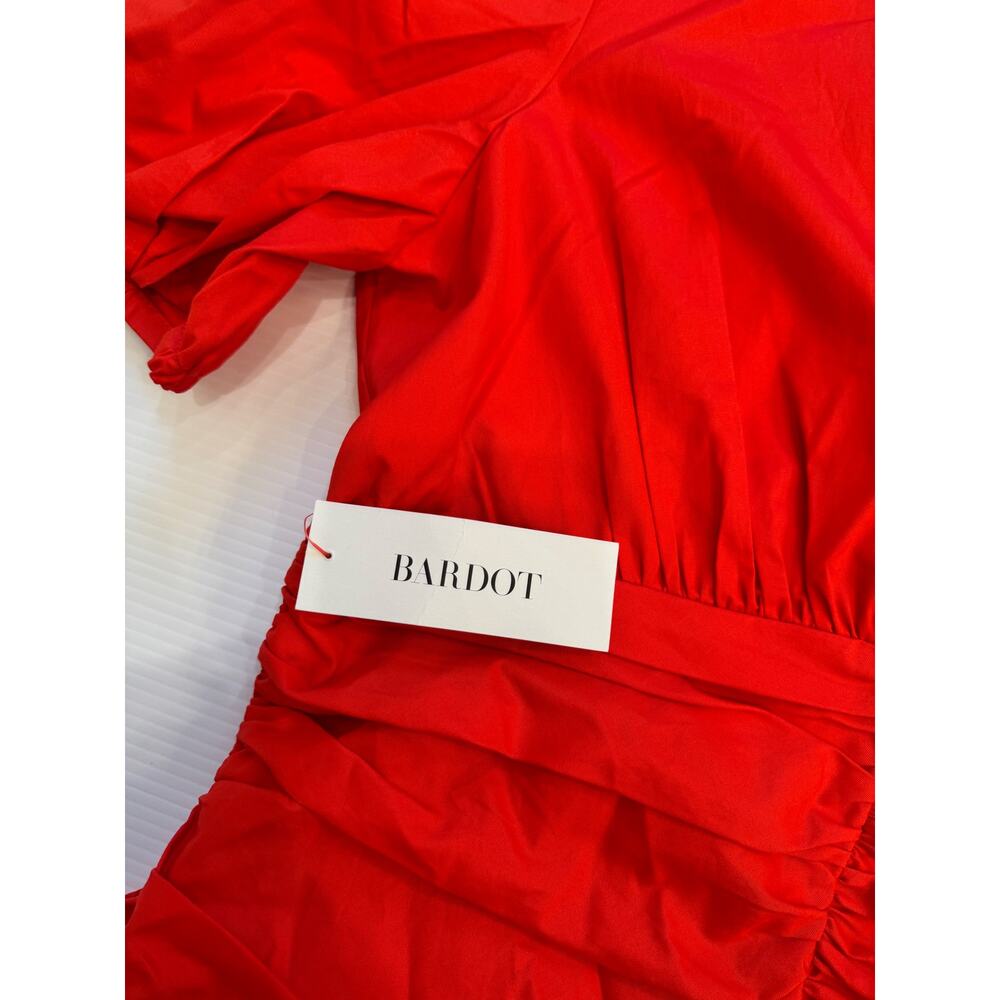 Bardot The Amie Red Ruched Mini Dress Puff Sleeve Ruffle Hem NWT L 10 Cotton - Picture 13 of 16